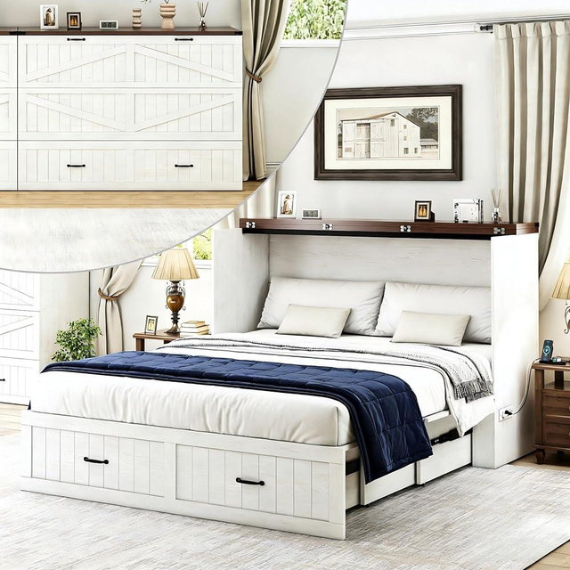 Bvldfamly Queen Murphy Bed with Charging Station, Farmhouse Noisy-Free Foldable Cabinet Bed Frame with Storage Drawer, Space Saving Hideaway Wall Bed for Guest Bedroom, Living Room, Office, White