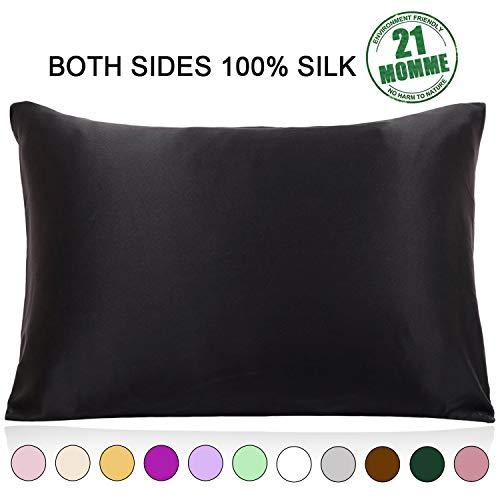 Ravmix 100% Pure Natural Mulberry Silk Pillowcase Standard Size, 21 Momme 600 Thread Count Hypoallergenic Both Sides for Hair Soft Breathable with Hidden Zipper (20×26 inches, Black)