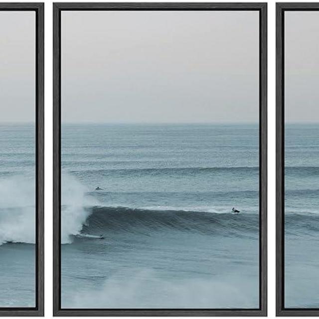 SIGNWIN Framed Wall Art Print Set Wide Angle Rushing Ocean Waves and Surfers Nature Wilderness Photography Modern Chic Scenic Relax/Calm Multicolor for Living Room, Bedroom, Office - 16"x24"x3 Black