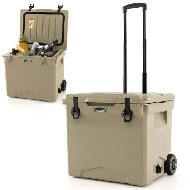 Costway 42 Qt Portable Cooler Roto Molded Ice Chest Insulated 5-7 Days with wheels Handle Tan
