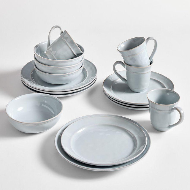 Cambria Stoneware 16-Piece Dinnerware Set, 10 3/4" Dinner Plate with Soup Bowl - Chambray