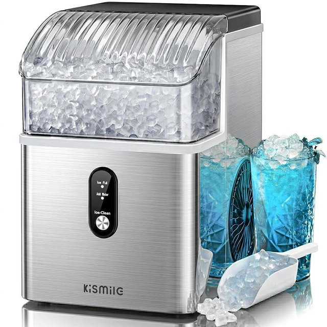 Kismile Nugget Ice Makers Countertop,Portable Ice Machine with Crushed Ice, 35lbs/Day,Self-Cleaning,One-Click Operation for Home Use(Stainless Steel Silver)