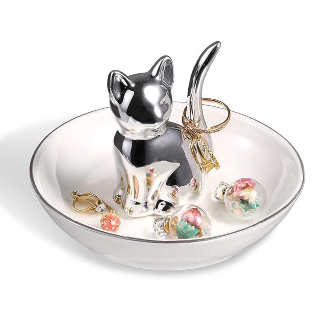 KARALIN Trinket Ring Tray, Ceramic Kitty Ring Holder, Dish Tray for Jewelry Storage Porcelain Jewelry Tray Trinket Plate (Silver Cat)