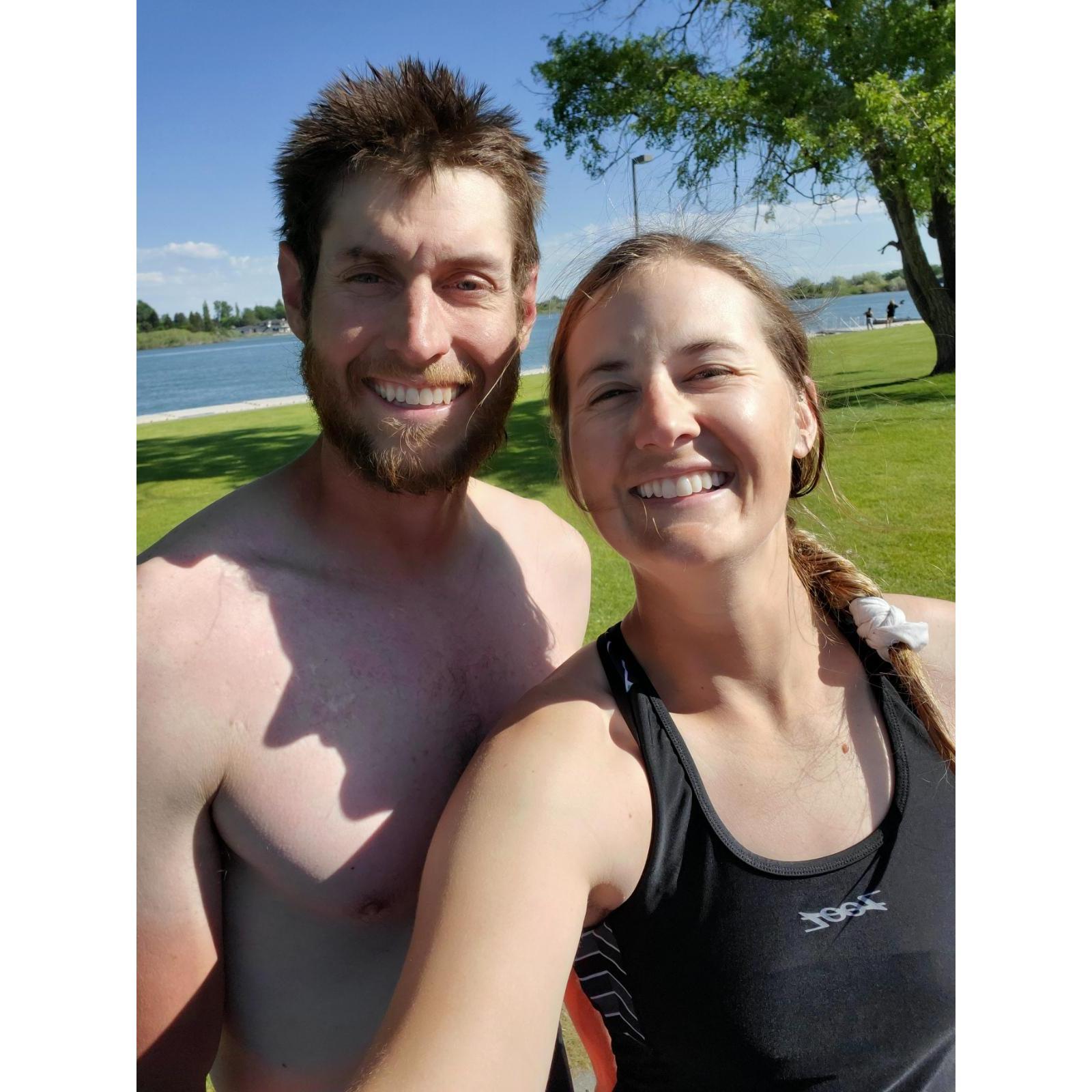 Casey's first practice swim down the Snake River for the Spudman Triathlon! It wasn't his favorite, but he survived.
