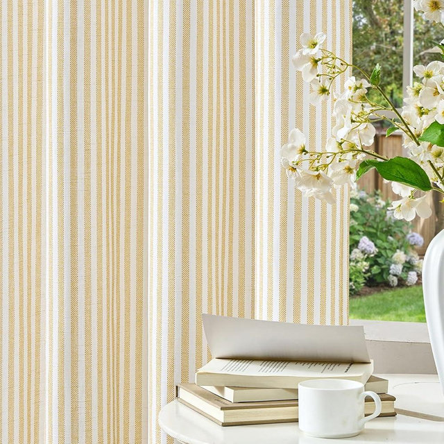 Vangao Linen Striped Curtains for Living Room Bedroom Farmhouse Tickingstripe Light Filtering Window Curtains Printed Drapes Grommet Top 2 Panels Mustard Yellow on Off White W55 x L95 Inch