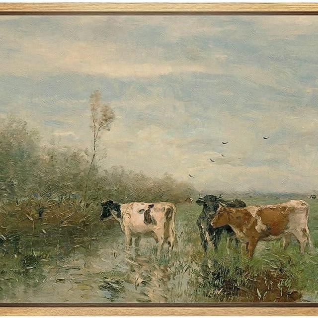 wall26 Framed Canvas Print Wall Art Pastel Valley Cow Farm Field Landscape Nature Wilderness Illustrations Fine Art Decorative Rustic Multicolor for Living Room, Bedroom, Office - 16"x24" Natural