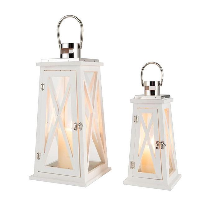 TRIROCKS Set of 2 Farmhouse Wooden Lantern 22''&15.5'' Metal Decorative Candle Holders with Tempered Glass Rustic Hanging Lantern for Patio Garden Wedding Parties Indoor Outdoor(White)