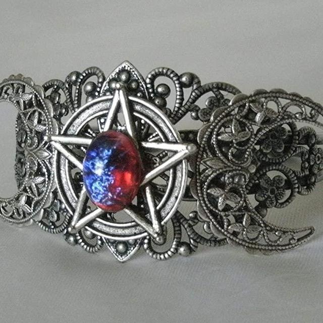 Dragons Breath Fire Opal Triple Moon Pentacle Cuff Bracelet, handmade jewelry wiccan pagan wicca goddess witch witchcraft pentagram
