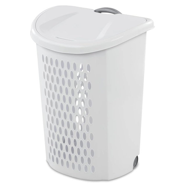 Wheeled Plastic Laundry Hamper with Handle, White - Easy Transport for Laundry, Durable Plastic, Rolling Design, Perfect for Bathroom & Bedroom Storage