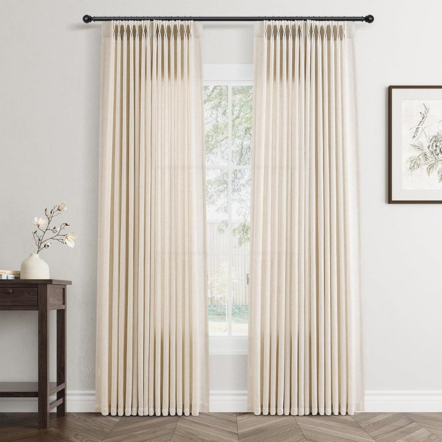 Jowels Cream Pinch Pleated Linen Curtains 96 Inches Long 2 Panels Set for Living Room Bedroom Pleated Hooks Rings Back Tab Light Filtering Beige Boho Farmhouse Drapes 96 Inch Length