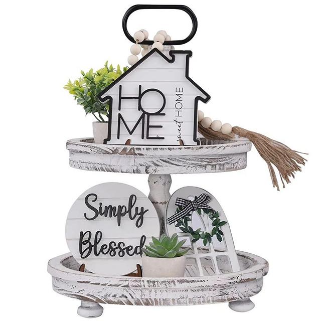 Houmury Set of 9 Farmhouse Tiered Tray with Tier Tray Decor 1 Artificial Succulent Plant & 1 Artificial Plant for Rustic Home Sweet Home Kitchen Decor Tier Tray Decor Set