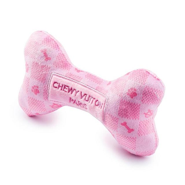 Haute Diggity Dog Pink Checker Chewy Vuiton Bone, Plush Designer Dog Toys with Interactive Squeaker, Stimulating Pet Enrichment, Machine-Washable & Safe Materials for All Breeds, Size Medium