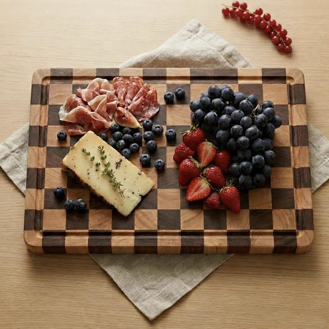 Checkered Cutting Board, Acacia Wood Chopping Board with Grooves and Handles, Butcher Block Serving Board for Kitchen, 16.5" x 11.6