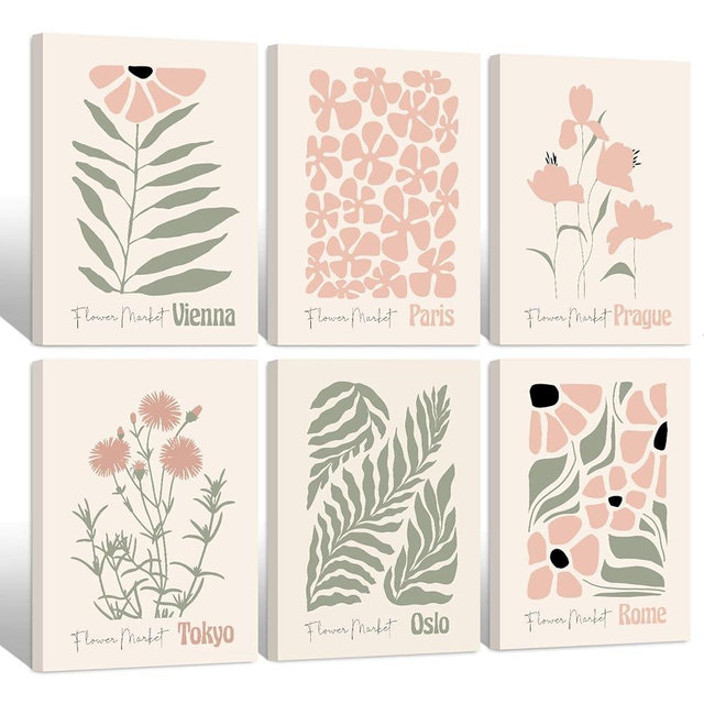 Boho Botanical Wall Art Prints Blush Pink Canvas Wall Decor Flower Market Wall Art Poster Abstract Aesthetic Pictures Pink Floral Artwork for Room Bedroom Set of 6 8x10 Inch Wrapped Canvas
