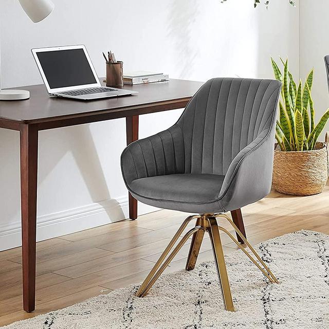 Volans Mid Century Modern Desk Chair No Wheels, Upholstered Swivel Accent Chair with Hollow Brushed Gold Plated Legs Office Chair for Home Office Bedroom, Gray