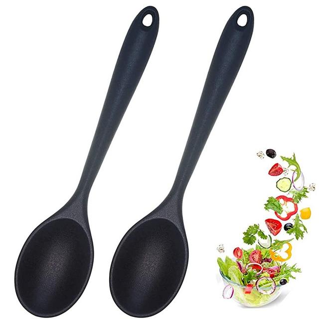 Ecerangus 2 Packs Silicone Nonstick Mixing Spoon, Large Silicone Spoons, BPA Free,High Heat Resistant to 480°F,Hygienic One Piece Design Cooking Utensil for Stirring, Mixing and Serving (Black)