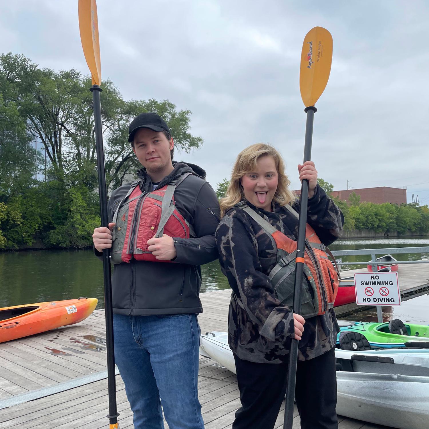 Kayaking on the river. Emma was scared!