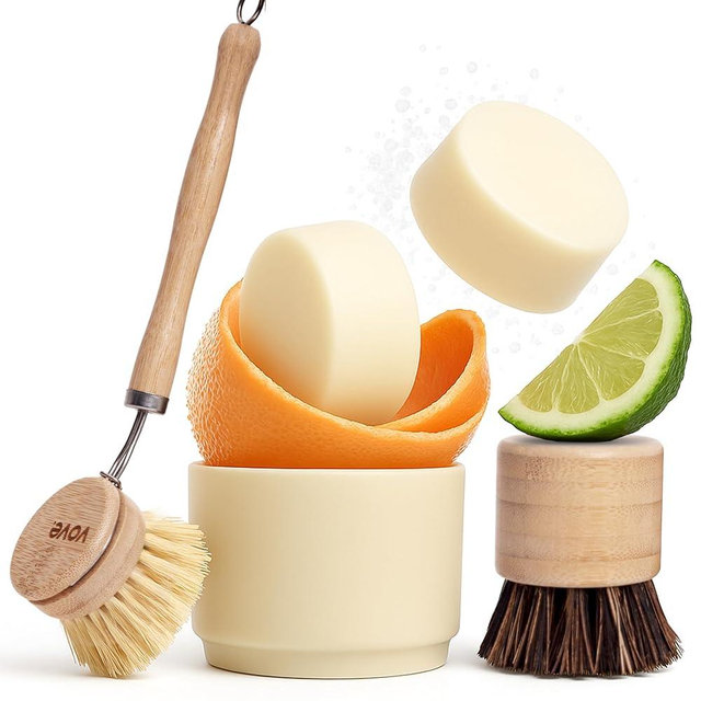 Vove Dish Soap Bundle, 2 Bars, 2 Bamboo & Sisal Scrub Brushes, 1 Ceramic Cup - Plant-Based Coconut Oil Soap with Citrus Essential Oils, FSC-Certified Bamboo, Plastic-Free, Zero-Waste Cleaning Set