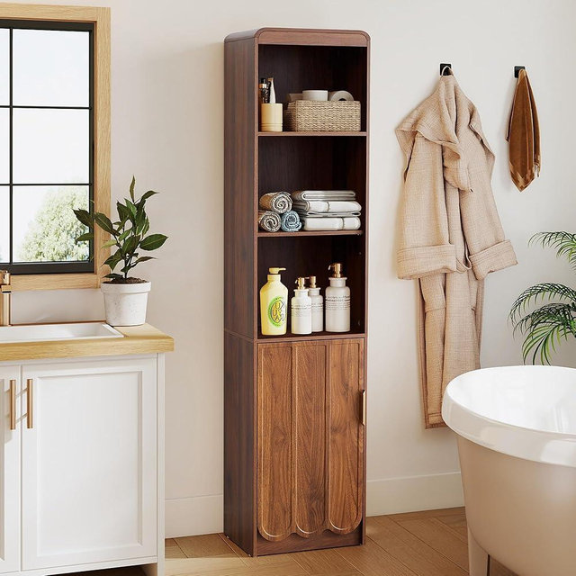 ORRD Narrow Tall Bathroom Storage Cabinet, Freestanding Storage Cabinet with Open Storage Compartments and Adjustable Shelf for Small Space, Bathroom, Living Room, Kitchen, (Walnut)