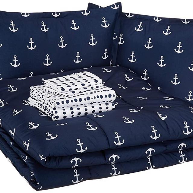 Amazon Basics Easy Care Super Soft Microfiber Kid's Bed-in-a-Bag Bedding Set - Full / Queen, White Anchors