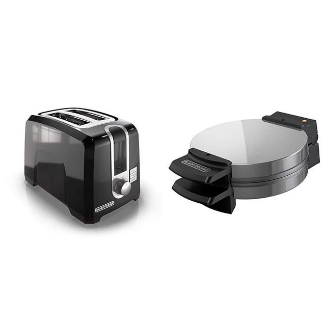 BLACK+DECKER 2-Slice Toaster, T2569B, Extra Wide Slots, 6 Shade Settings, 850 Watts, Crub Tray & Belgian Waffle Maker, Stainless Steel, WMB500,Silver