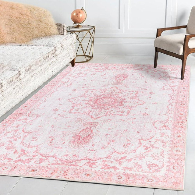 Sofrug Area Rug - Vintage 5'x7' Honeycomb Non-Slip Backing Area Rugs Pink Soft Faux Wool Carpet Foldable & Machine Washable Rugs for Living Room Bedroom Dining Room Home Office