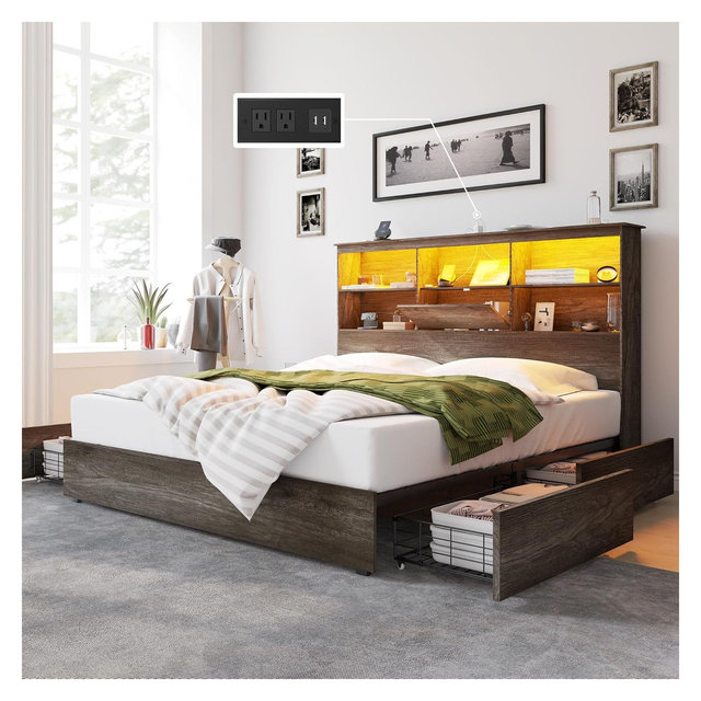 AMERLIFE King Size Farmhouse Platform Bed Frame with LED Bookcase Headboard, Storage Drawers, Rustic Grey