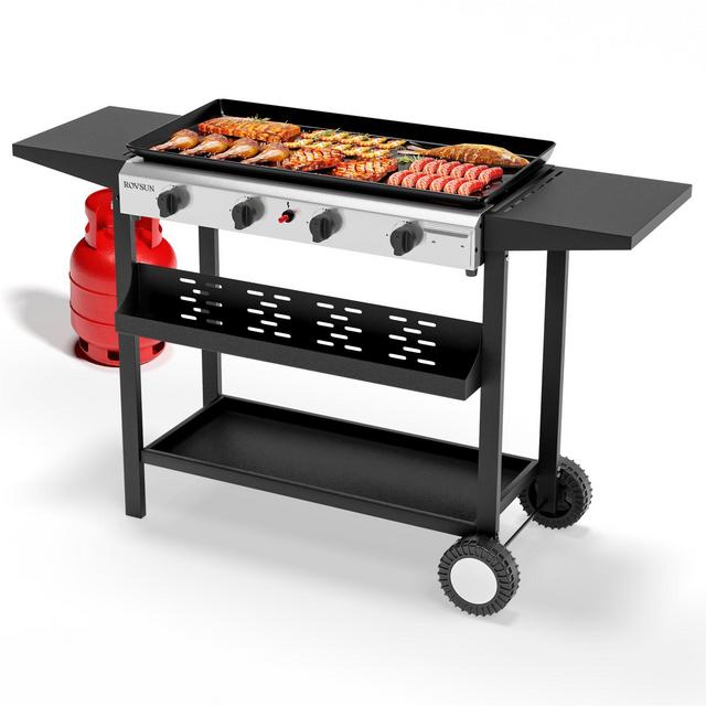 ROVSUN 4 Burner Portable Propane Griddle, 40000 BTU Rolling Flat Top Gas Grill with Electronic Ignition & Regulator for Outdoor Camping BBQ Tailgating