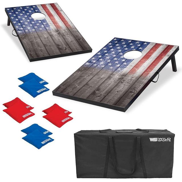 Wild Sports 2’x3’ or 2’x4’ Cornhole Outdoor Game Set, USA Flag or Natural Wood Options with Carry Bag Included – Perfect for Backyard, Beach, and Tailgates, Add On Extra Bags