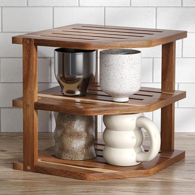 VERTORGAN 3 Tier Acacia Wood Corner Shelf,Dish Drying Rack,Plate Organizer,Kitchen Spice Rack for Countertop and Cabinet,Pantry Organization and Storage