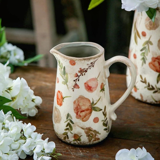 Floral Ceramic Pitcher Vase with Handle, French Farmhouse Style Home Decoration Lemon Pattern vase, Centerpiece Table Decoration Wedding Gift, Gift for Mother, Height 7'' (Flora and Fruit)