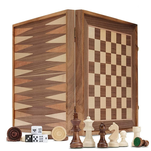 A&A 16 inch Deluxe 3 in 1 Wooden Backgammon Set-Chess Set with Checkers/ 3.0 inch King Height Staunton Chess Pieces / Walnut Box W/Cherry Wood & Maple Inlay / 2 Extra Queen /Classic Board Games