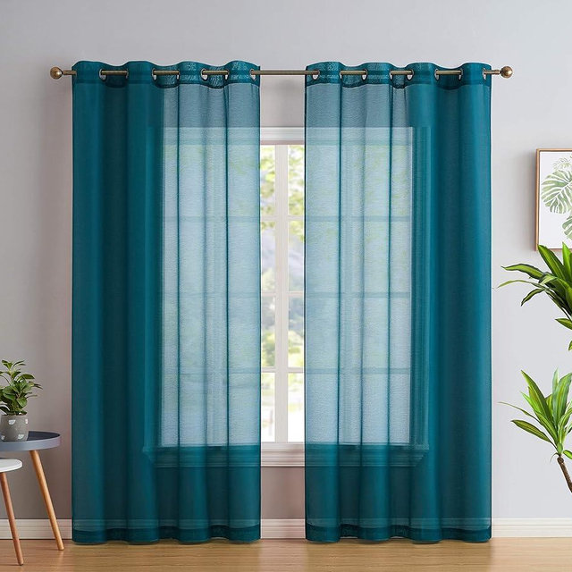 HLC.ME 2 Piece Semi Sheer Voile Light Filtering Window Curtain Grommet Panels for Bedroom, Living Room & Dining Room - Grey Teal Blue - 54 W x 84 inch Long