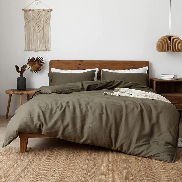 XZ XIFA 100% Natural French Flax Linen Duvet Cover King, Olive Green Cooling Duvet Cover Set, Soft,Textured,Lightweight,Fluffy Linen Bedding Cover Set for Hot Sleepers(1Duvet Cover,2Pillow Shams)