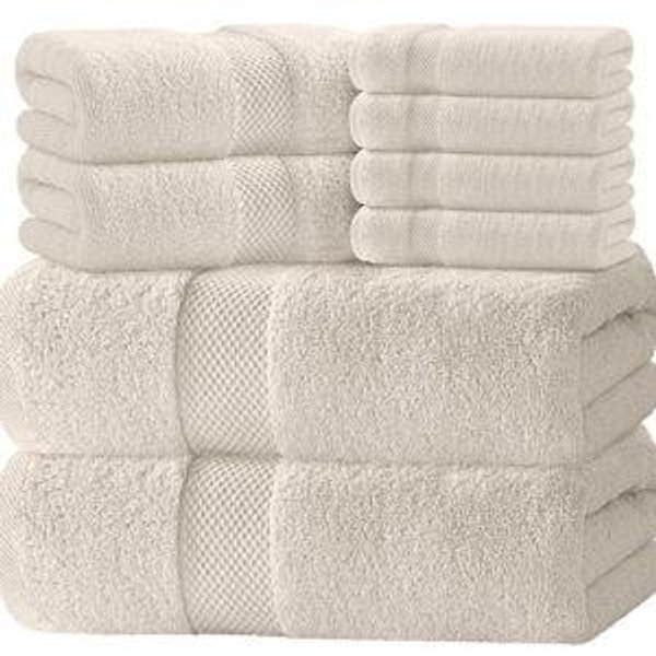 White Classic Luxury Bath Towel Set of 8 Pieces - 100% Turkish Cotton Highly Absorbent Towels for Bathroom, 2 Luxury Bath Towels 700GSM, 2 Hand Towels, 4 Washcloths, Ivory