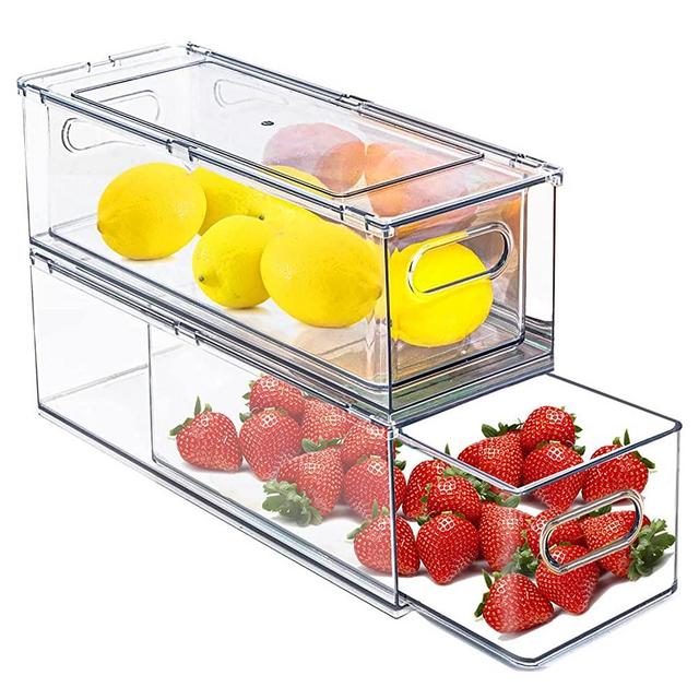 Hudgan Set of 8 Refrigerator Organizer Bins, 4 Large and 4 Medium Stackable Plastic Fridge Organizers with Handles for Freezer, Kitchen, Cabinet, Pantry Food