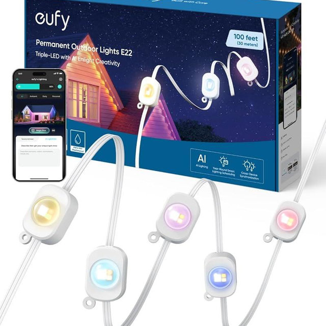 eufy Permanent Outdoor Lights E22, 100ft with 60 Triple-LED Lights, Smart RGBWW Christmas Lights, Daily and Holiday, IP67 Waterproof, AI Lighting Themes for Christmas Decorations, Links with Cameras