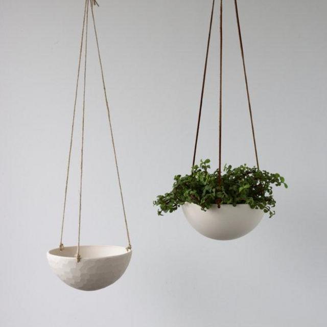 Hanging Ceramic Porcelain Planter Medium Size, Geometric Faceted or Smooth finish, choose Hemp or Leather Cording