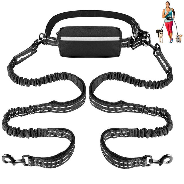 Philorn Hands Free Dog Leash for 2 Dogs, Adjustable Waist Leash for Medium Large Dogs Walking, Running, Jogging, Hiking, Dual Handles and Durable Bungee