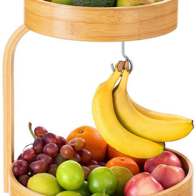 HBlife 2 Tier Bamboo Fruit Bowl with Banana Hanger for Kitchen Counter, Countertop Storage for Food Veges, Spice Rack Kitchen Countertop Organizer