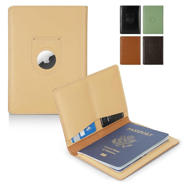Full Grain Leather AirTag Passport Holder Wallet Cover for Men and Women Travel, Passport Holder with AirTag Slot Passport Wallet, Travel Essentials Genuine Leather Passport Cover Gifts (Beige)