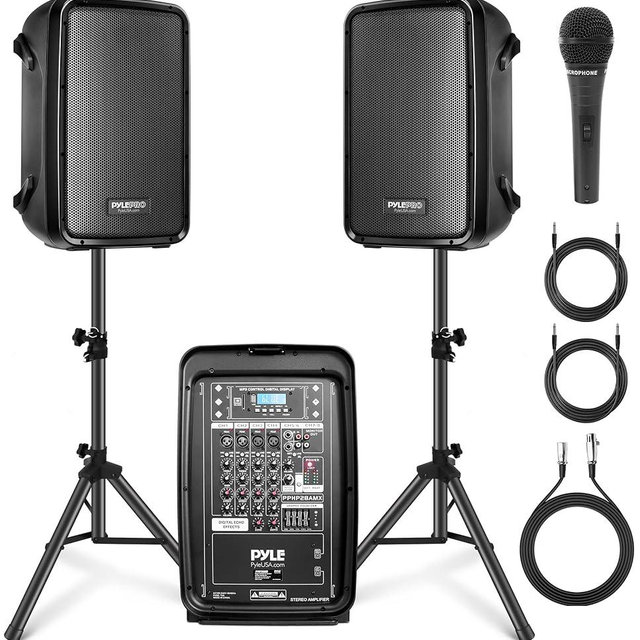 Pyle PA Speaker DJ Mixer Bundle - 300 W Portable Wireless Bluetooth Sound System w/ USB SD XLR 1/4" RCA Inputs - Dual Speaker, Mixer, Microphone, Stand, Cable - Home/Outdoor Party - PPHP28AMX,Black