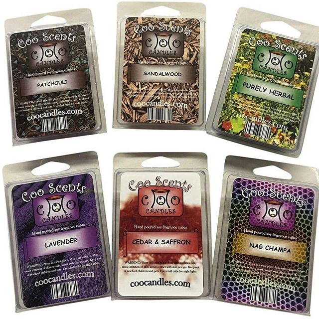 6 Pack Soy Blend Wickless Candle Tart Wax Bar Melts Earthy Incense Herbal Pack - Includes one 6 Cube Pack of Each of Lavender, Cedar and Saffron, Sandalwood, Purely Herbal, Patchouli, and Nag Champa