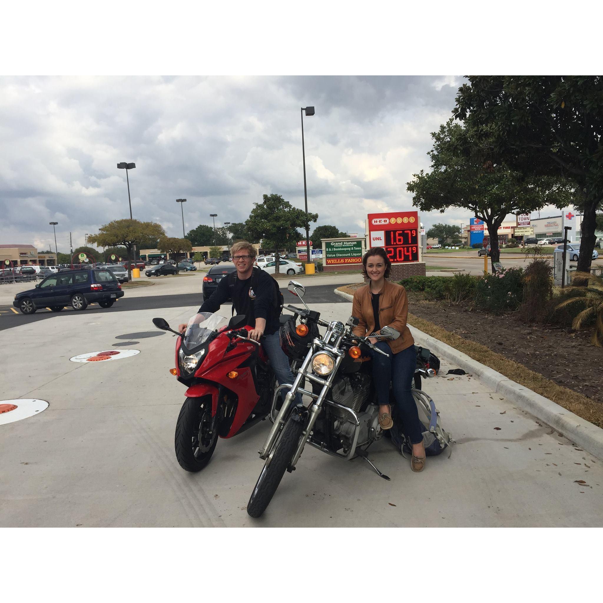 1 month from when we started dating. We took a motorcycle trip to the Motorcycle rally in Galveston, TX.