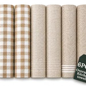 CLOUDSCAPE Kitchen Towels, Set of 6, Premium Cotton Dish Towels for Kitchen, Waffle Weave 18" x 28" Oversized Hand Towel, Quick Absorbent & Drying Tea Towel with Hanging Loop - Beige