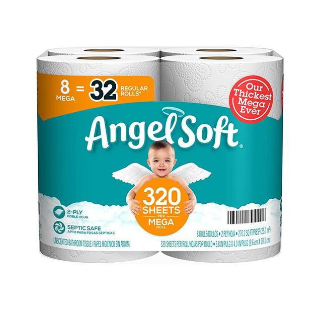 Angel Soft® Toilet Paper, 8 Mega Rolls = 32 Regular Rolls, 2-Ply Bath Tissue