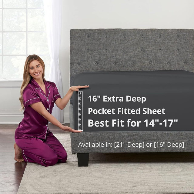 King Deep Pocket Fitted Bed Sheets - Real 16' Fit Perfectly 14'18' Mattress & Toppers - Easy Care Lovely Feel - 1 Piece Bottom Fitted Sheet - Dark Grey