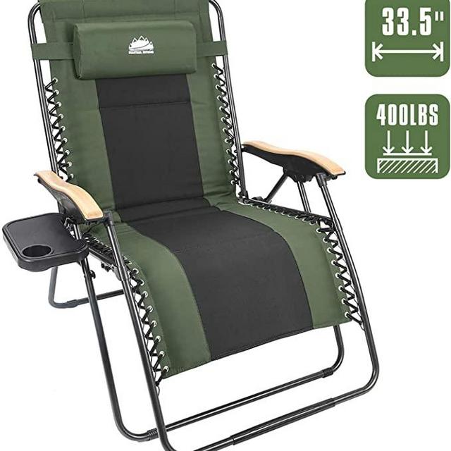 Coastrail Outdoor Oversized Zero Gravity Chair Wood Armrest Padded XXL Folding Patio Lounge Adjustable Recliner with Cup Holder & Side Table, 400lbs Weight Capacity, Green
