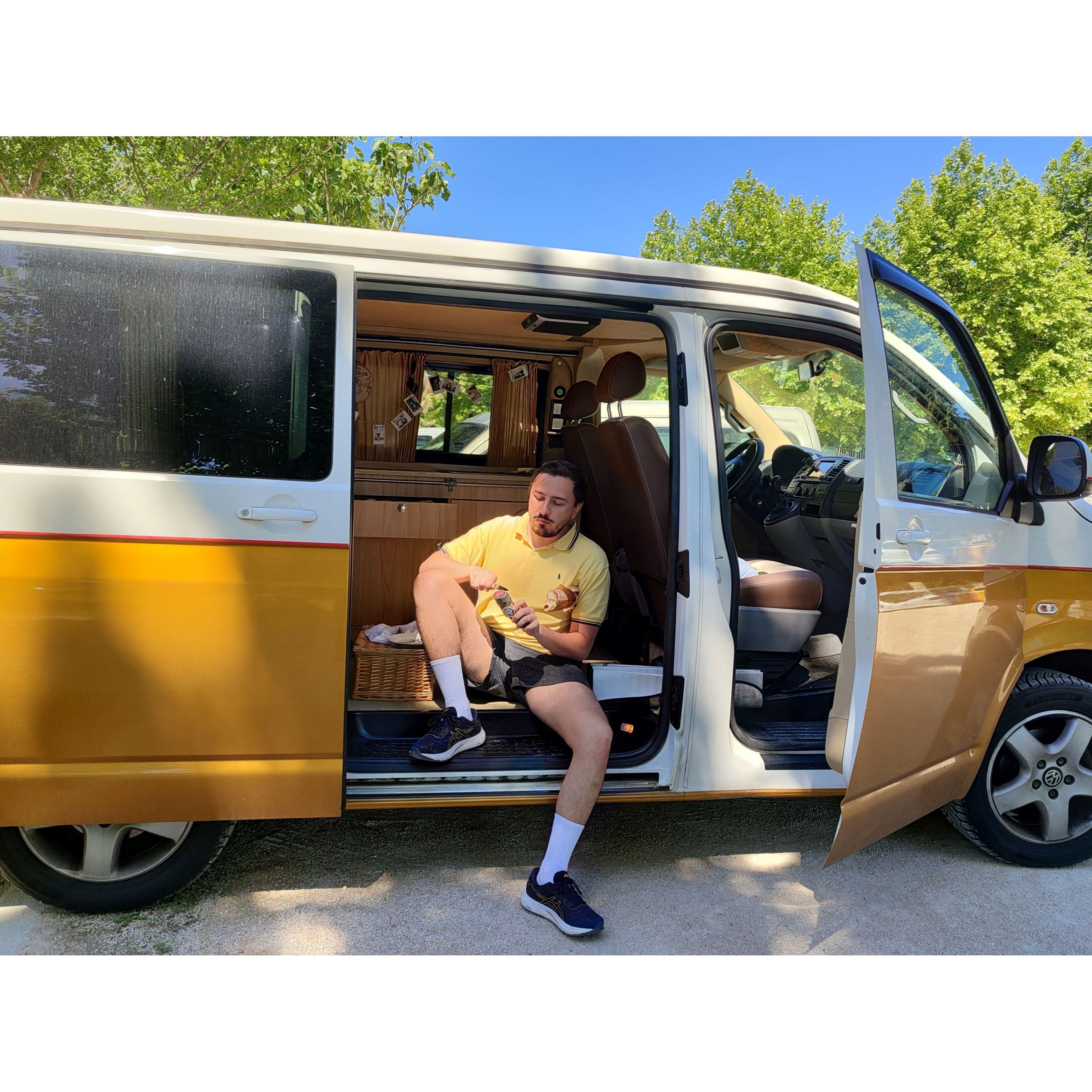 'Wolfie' is now part of our family. He's our mobile-home, for the weekend or more. And how French is a Frenchman with a baguette under his arm?