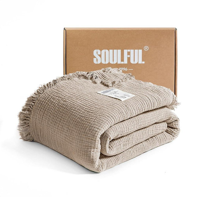 SOULFUL Muslin Throw Blanket with Tassels - Soft Full Size Cotton Throw Blanket for Couch or Bed, Lightweight and Breathable Gauze for All Seasons, Light Tan, 66" x 90"